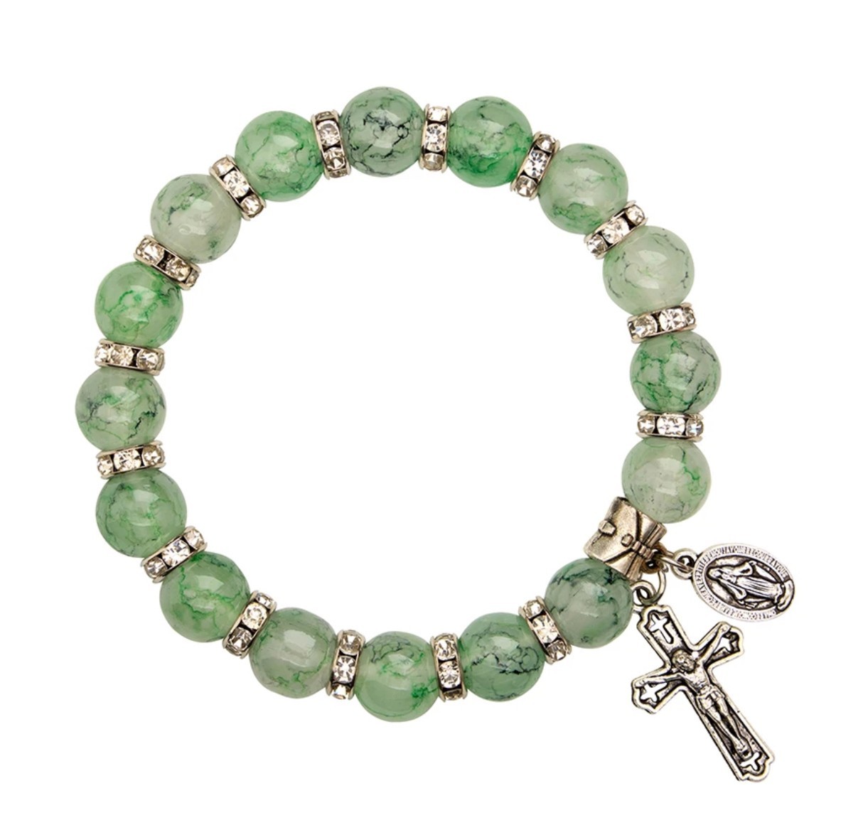 O L of the Miraculous  Medal Green Marbled Glass Bracelet, New #Gftshp-150