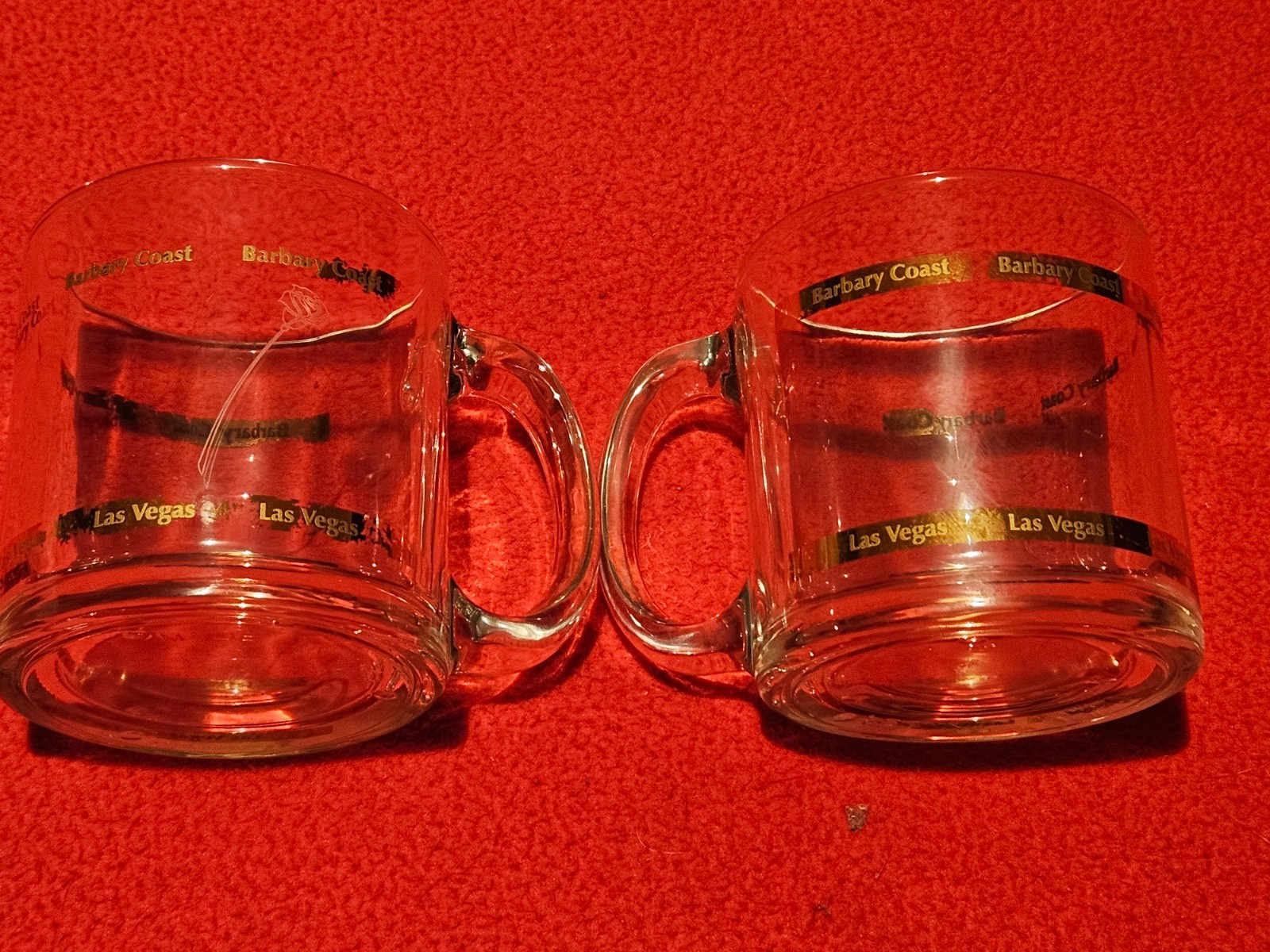 2 Vintage Barbary Coast Glass Coffee Mugs Gold Color Trim / Las Vegas