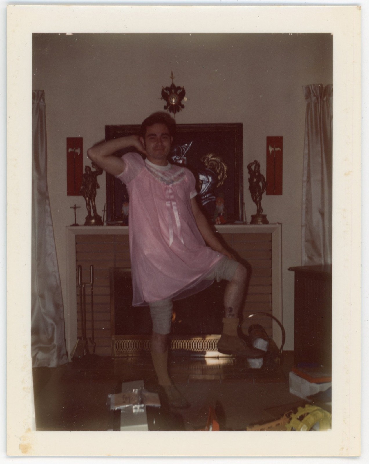funny vintage color polaroid photo YOUNG MAN in PINK NIGHTGOWN dress 1970s funny vintage color polaroid photo YOUNG MAN in PINK NIGHTGOWN dress 1970s