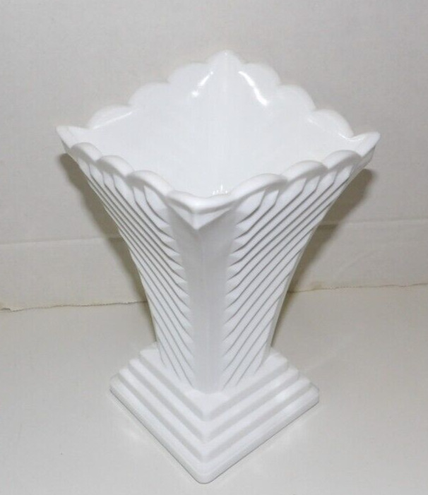 Milk Glass Vase Vintage Art Deco Triangle In Shape Heavy Glass