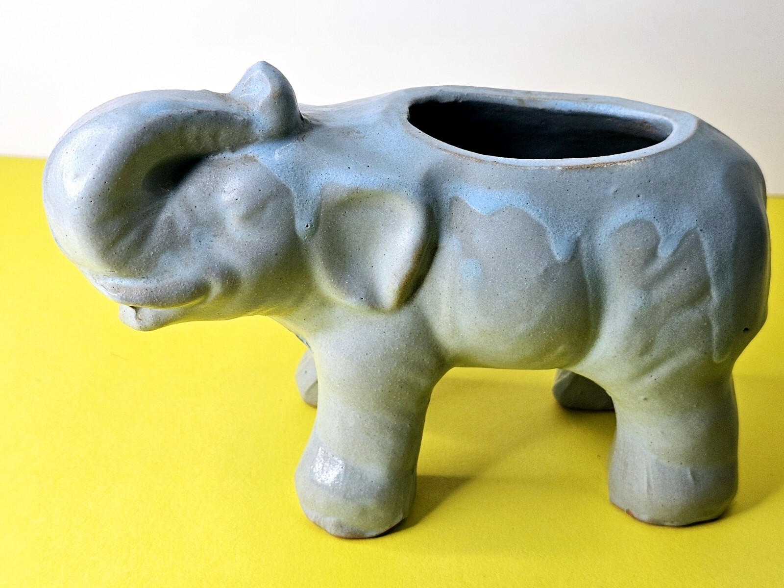 Blue Clay Pottery Elephant Planter Handpainted Glaze No Damage VGC 6\