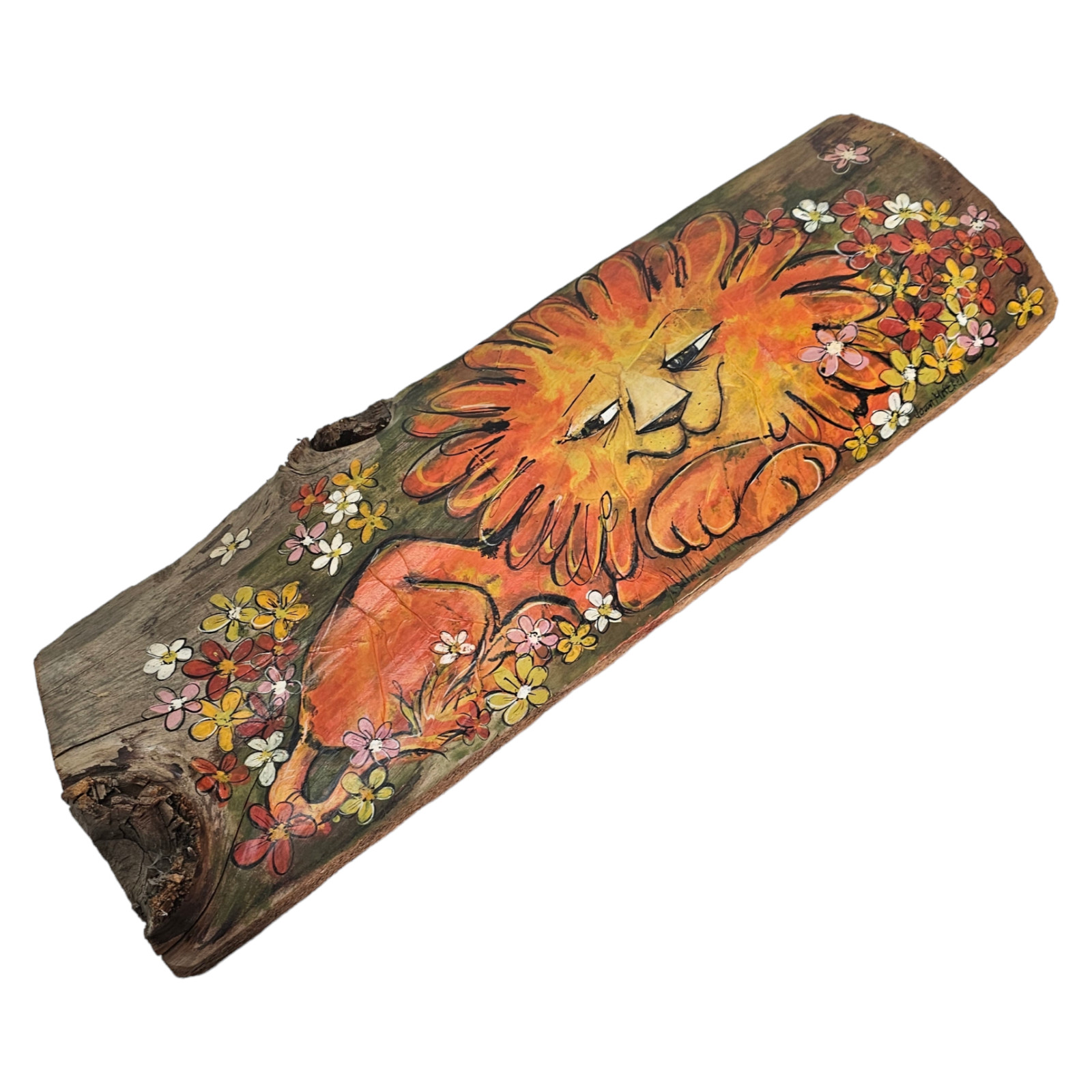 Vintage Rustic Log Lion Art Wood Hand Painted 23