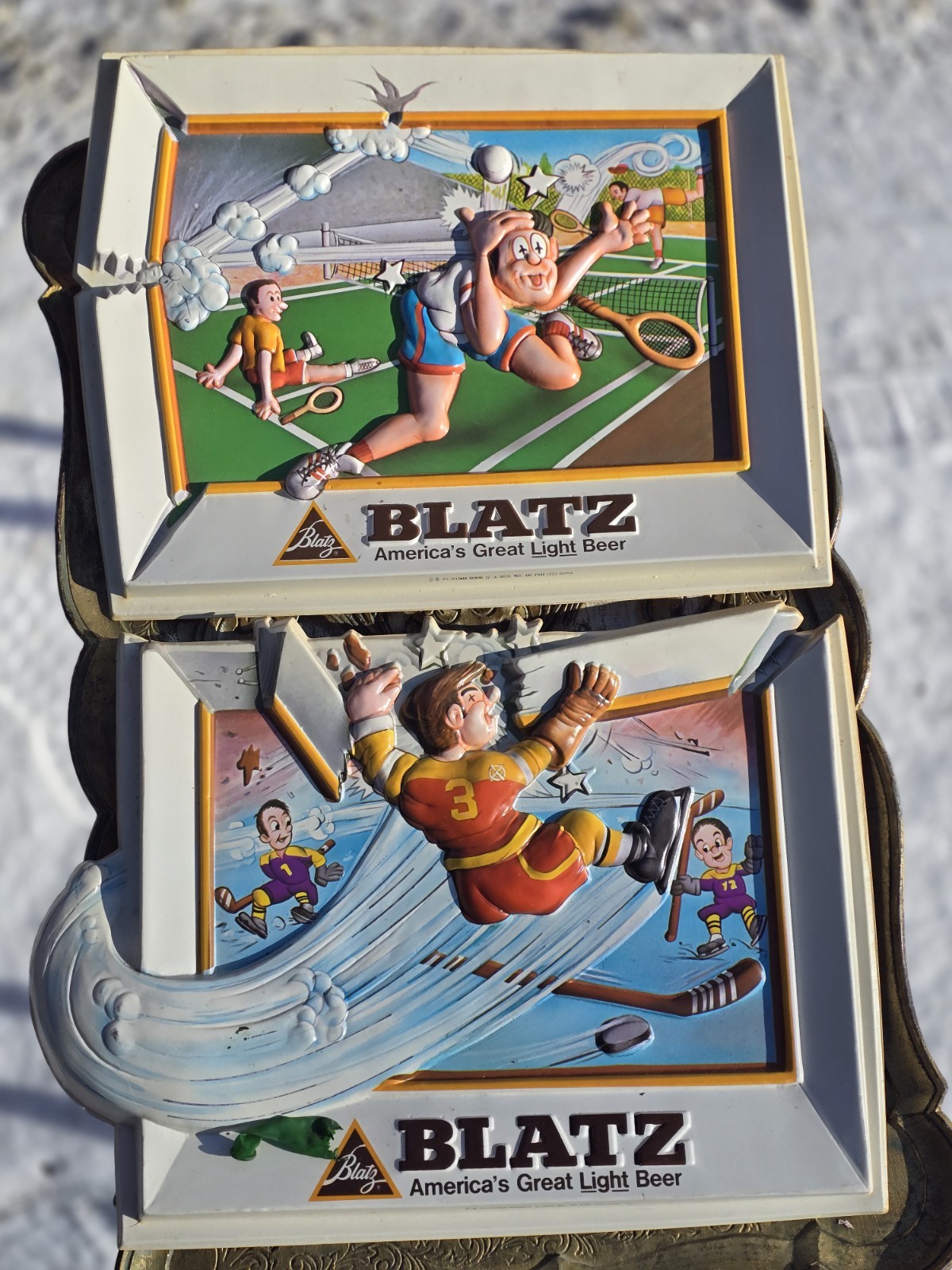 Vintage 1970s Vacuform Blatz Beer Advertising Sports Themed - Set Of 2