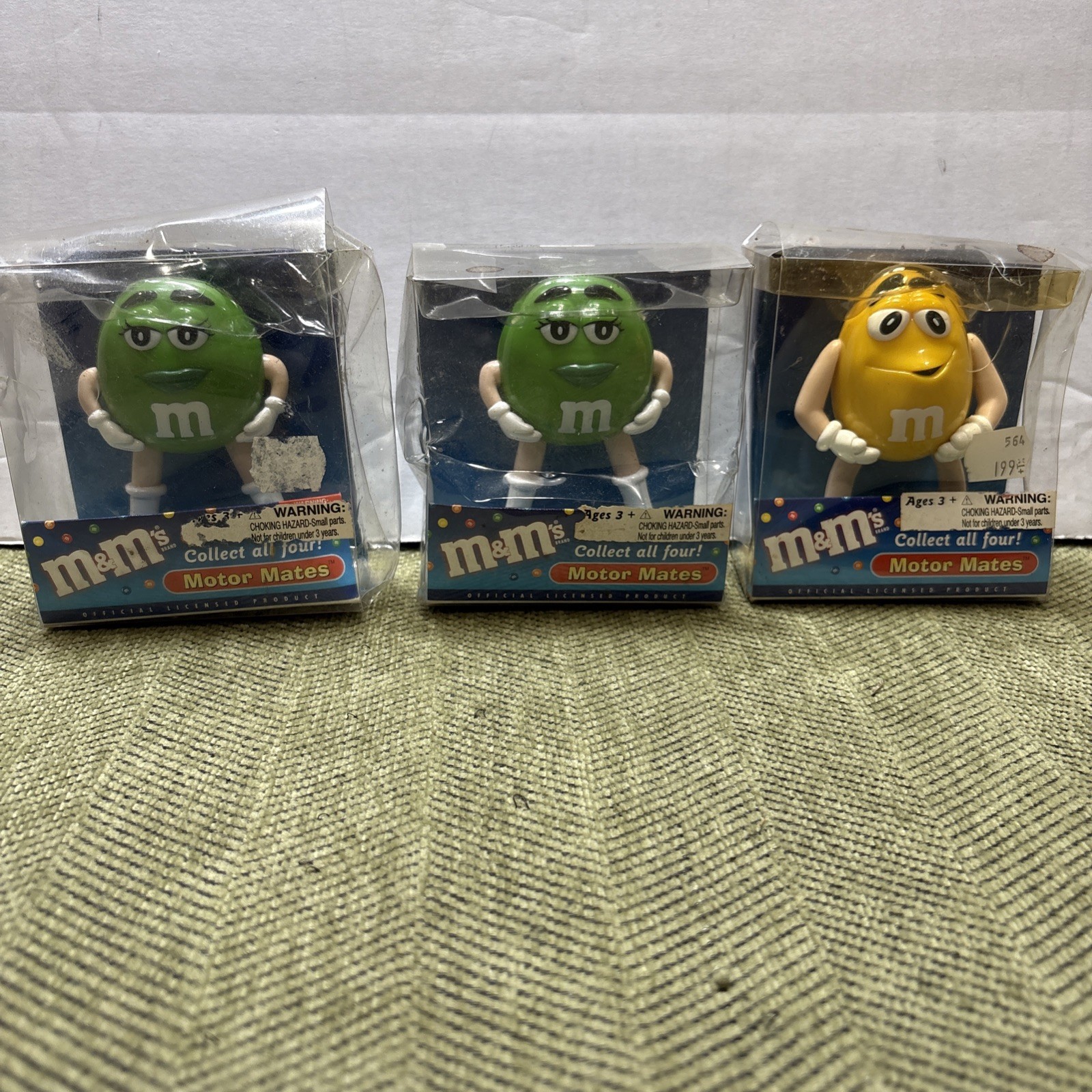 Vintage 2003 M&M’s Motor Mates Green & Yellow Figures NIP Lot of 3