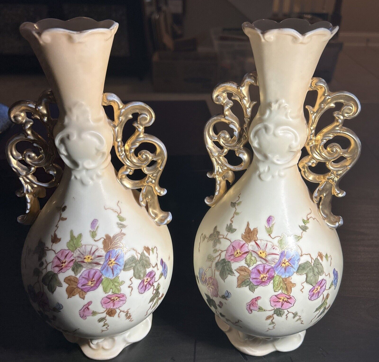 Pair Antique Hand Painted Embossed RW Rudolstadt Handled Vase Germany Floral