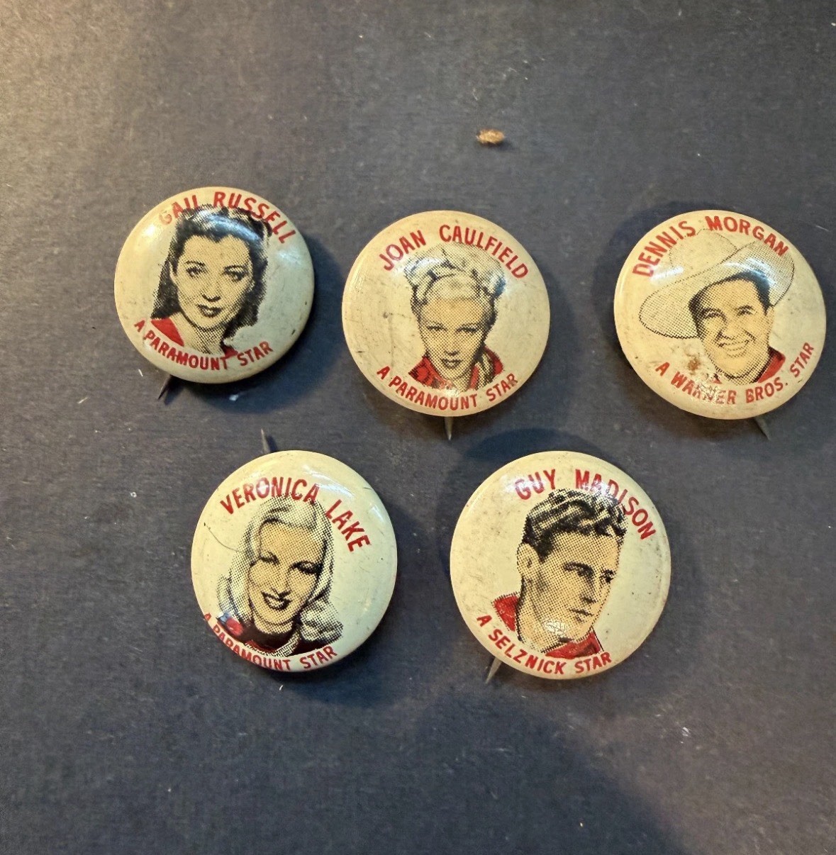 6 Vintage 40s Movie Star Pinback Buttons Hollywood Veronica Lake Gail Russell +