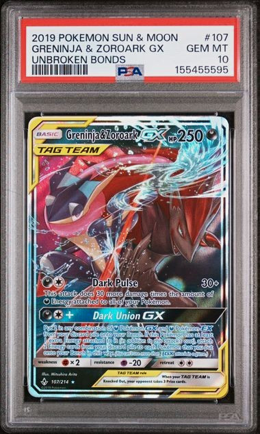 Greninja & Zoroark GX 107/214 PSA 10 Pokémon SM Unbroken Bonds TAG TEAM