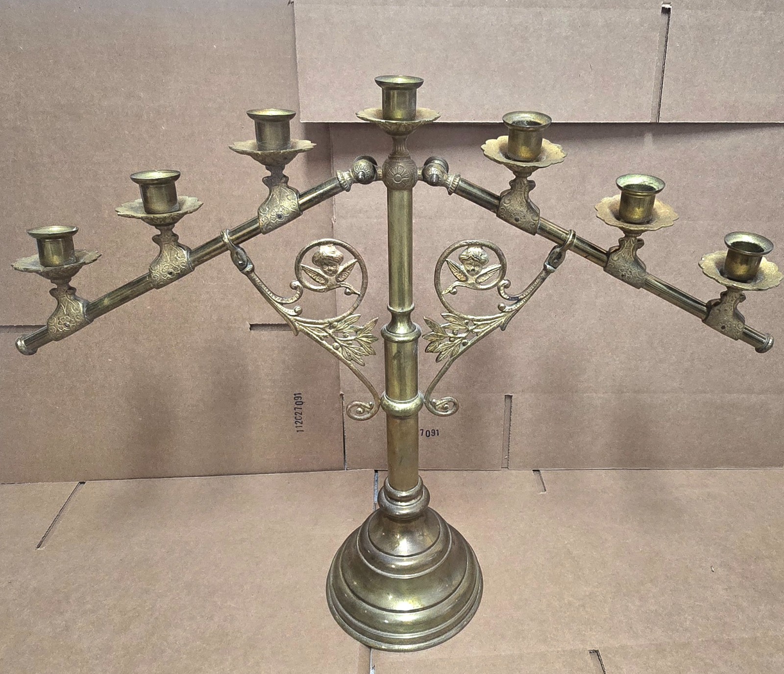 Vintage MCM Victorian Brass Candelabra 7 Arm Cherubs Candelabra Folding Arms