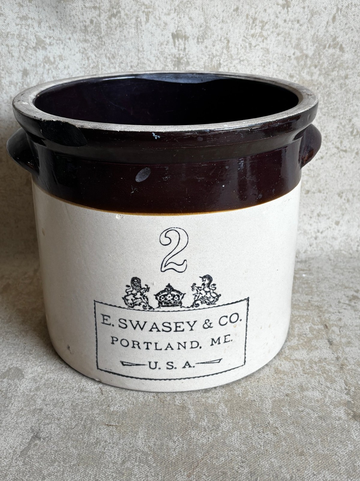 Vintage E. Swasey Co Portland ME 2Gallon Stoneware 2-tone Crock Planter Pot NICE