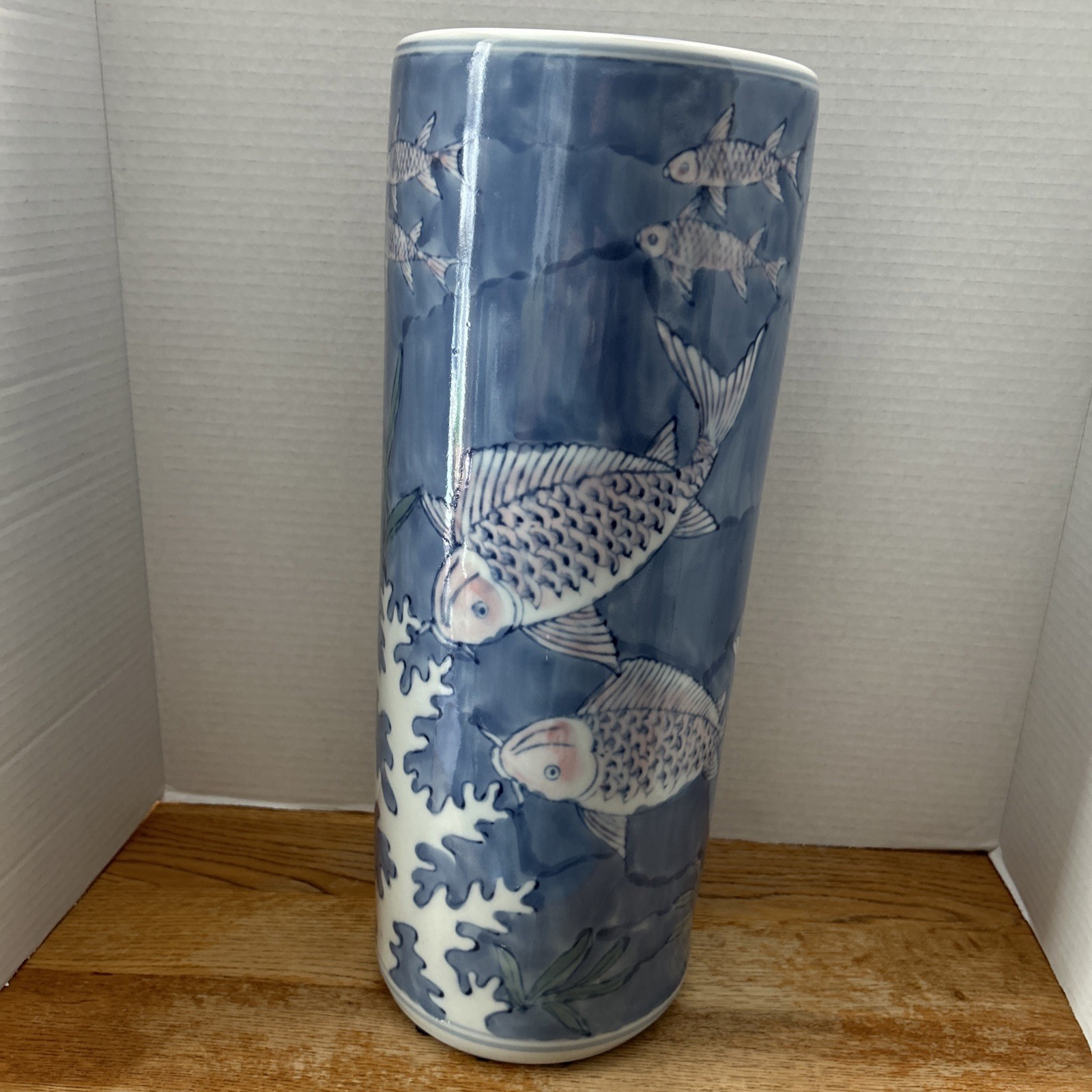 Lg. Vintage Chinese Porcelain Vase / Umbrella Holder Cylinder Shaped With Koi