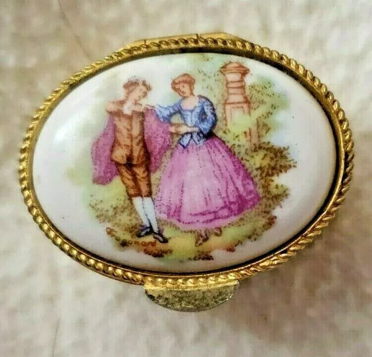 Vintage Fragonard Oval Trinket Porcelain Box in Gold Embossed Metal 1 3/8\