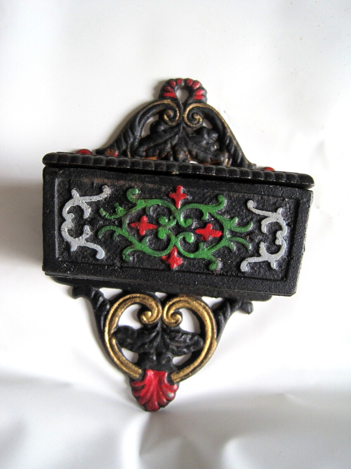 Vintage Cast Iron Wilton MATCH HOLDER Hanging Black Colorful Painted