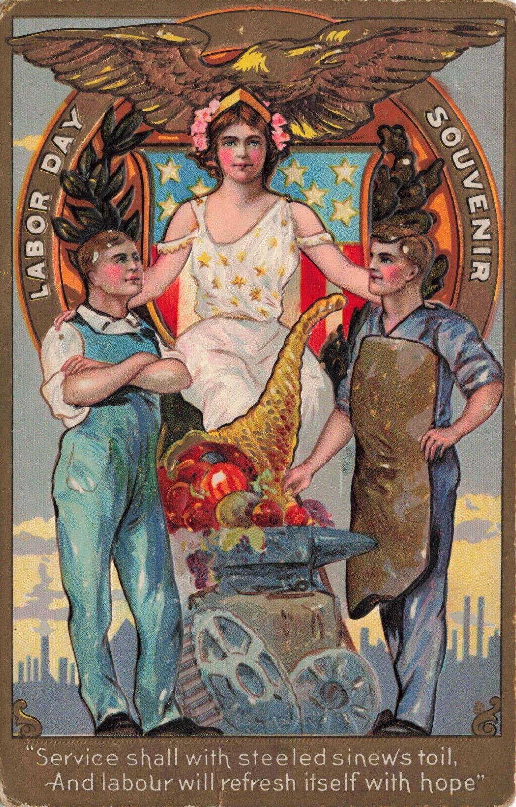 Nash Labor Day Souvenir Series No 1 Lady Liberty & Workers Embossed Postcard
