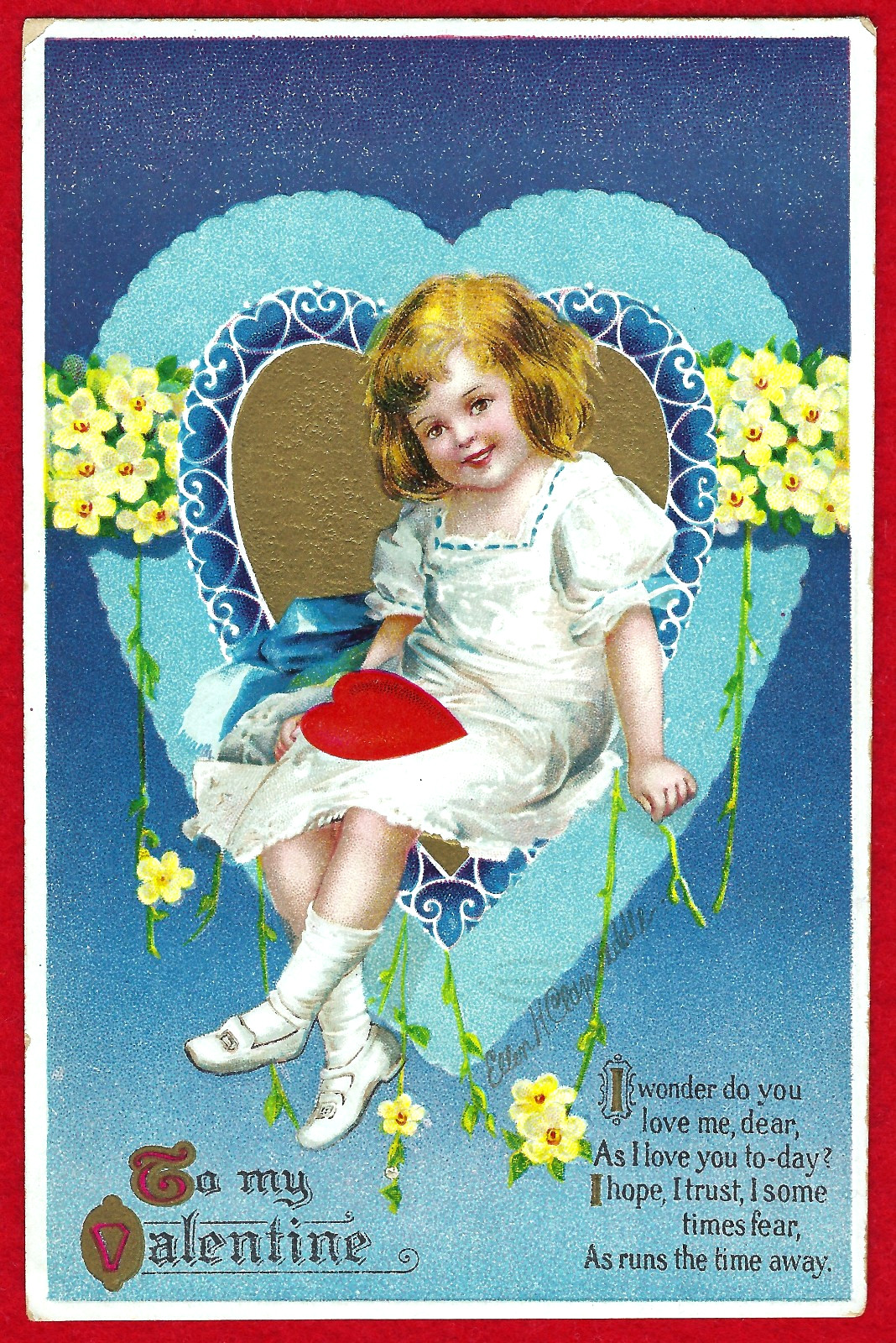 Vtg Clapsaddle Valentine Red Haired Girl in Blue Heart A/S PC Emb c1910 Unused