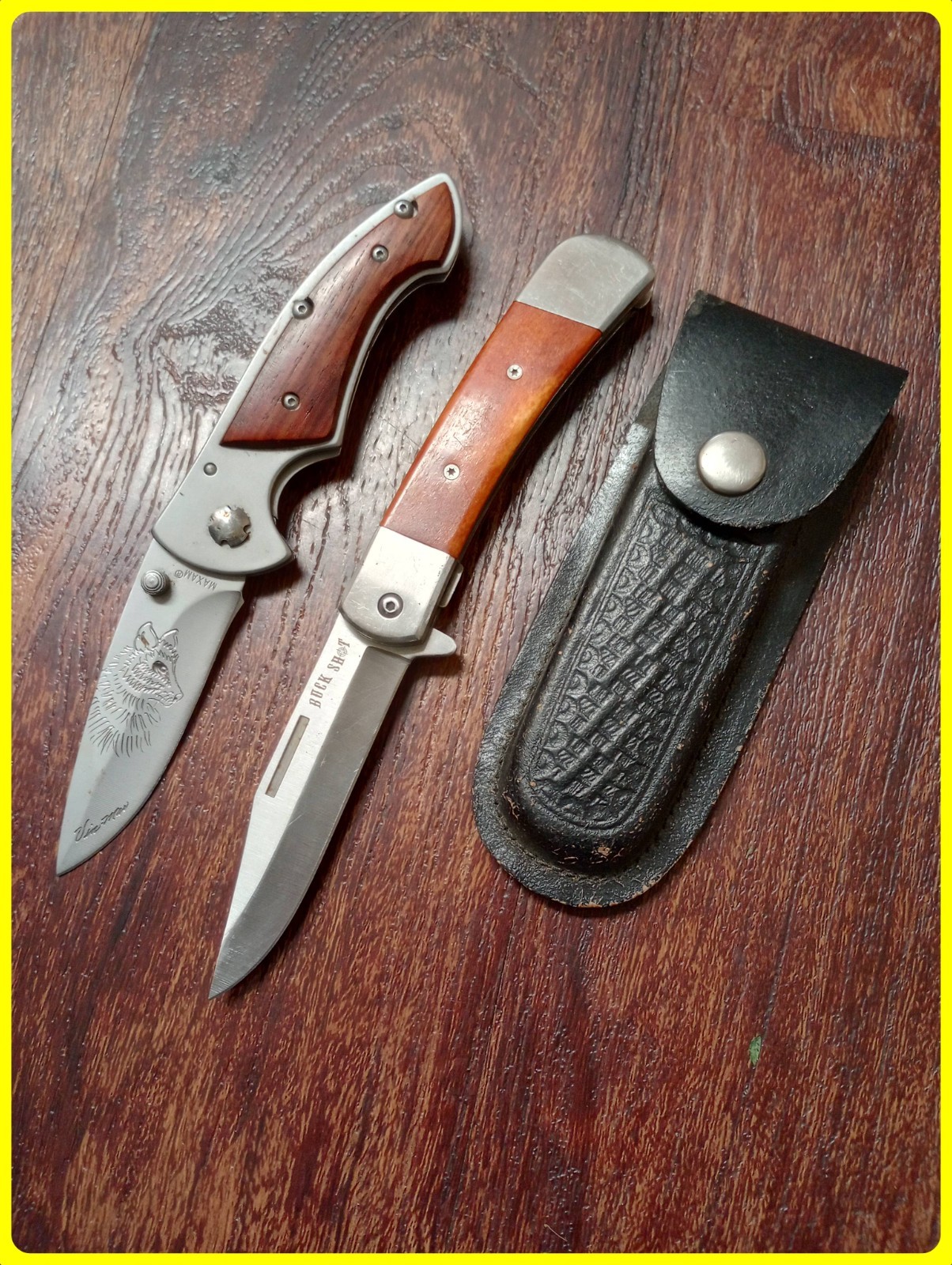 Folding Knife Lot Of 2 Maxam & Buck Shot + Leather Button Sheath 8 Inches