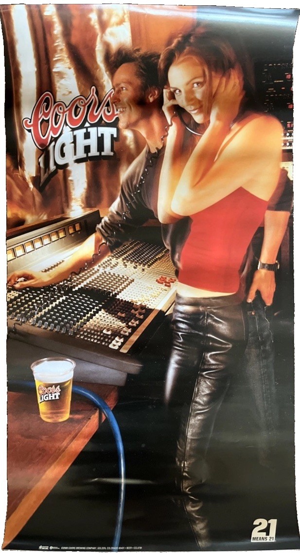 Rare Coors Lite Sexy Brunette Red Top Leather Pants Recording Studio Beer Poster