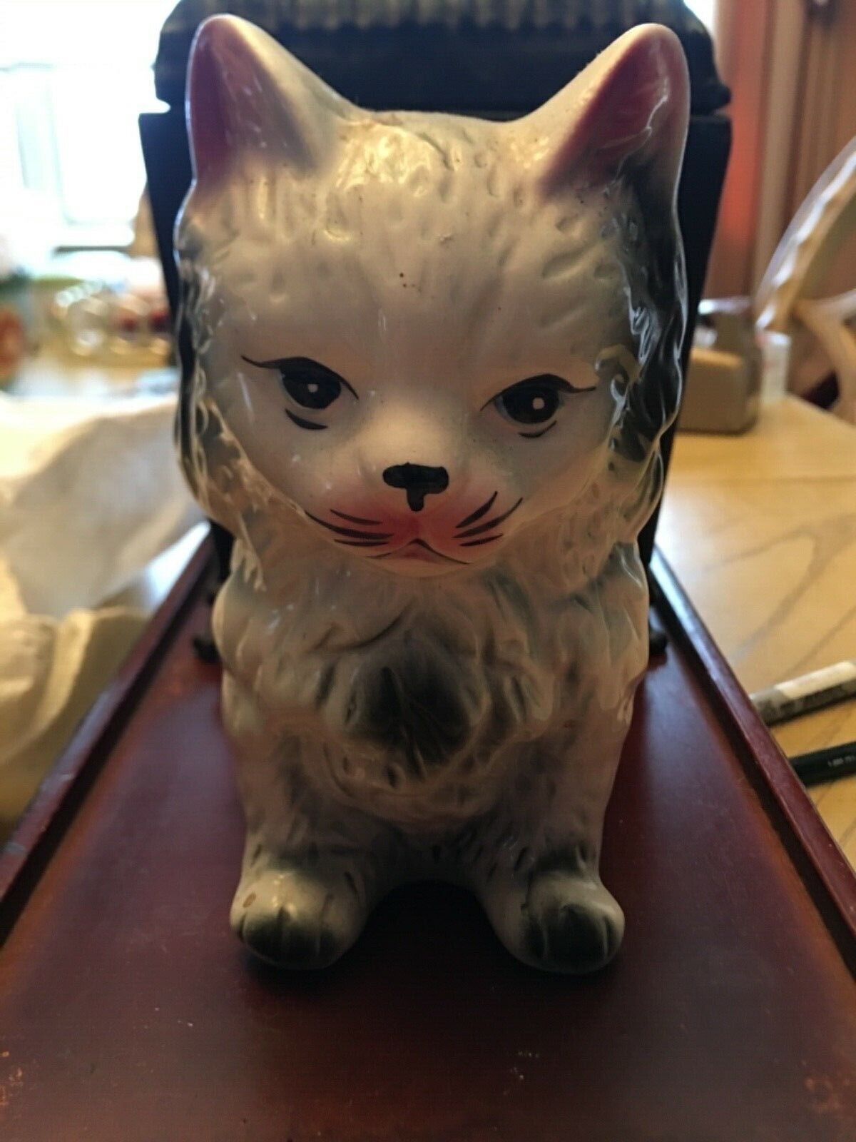 VINTAGE CERAMIC CAT KITTEN PLANTER FIGURINE Marked with bell numbers Midcentury 