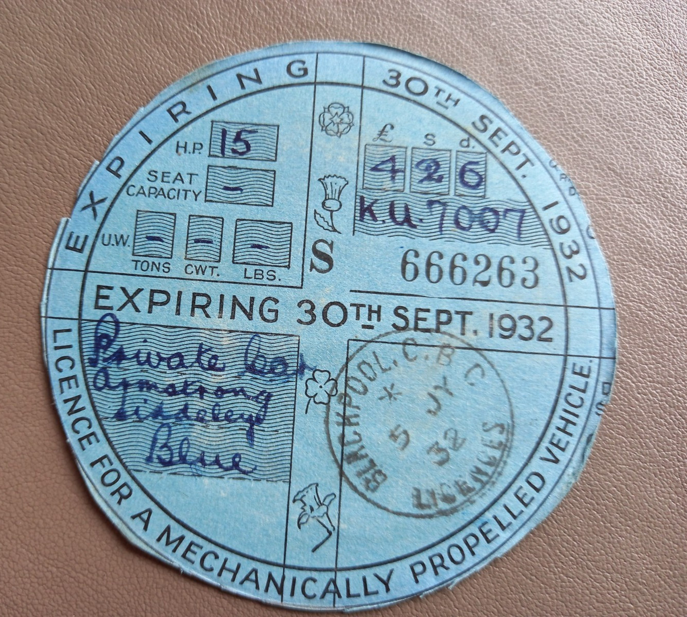 Rare 1932 Vintage British Road Tax Disc – Armstrong Siddeley Luxury Car KU 7007