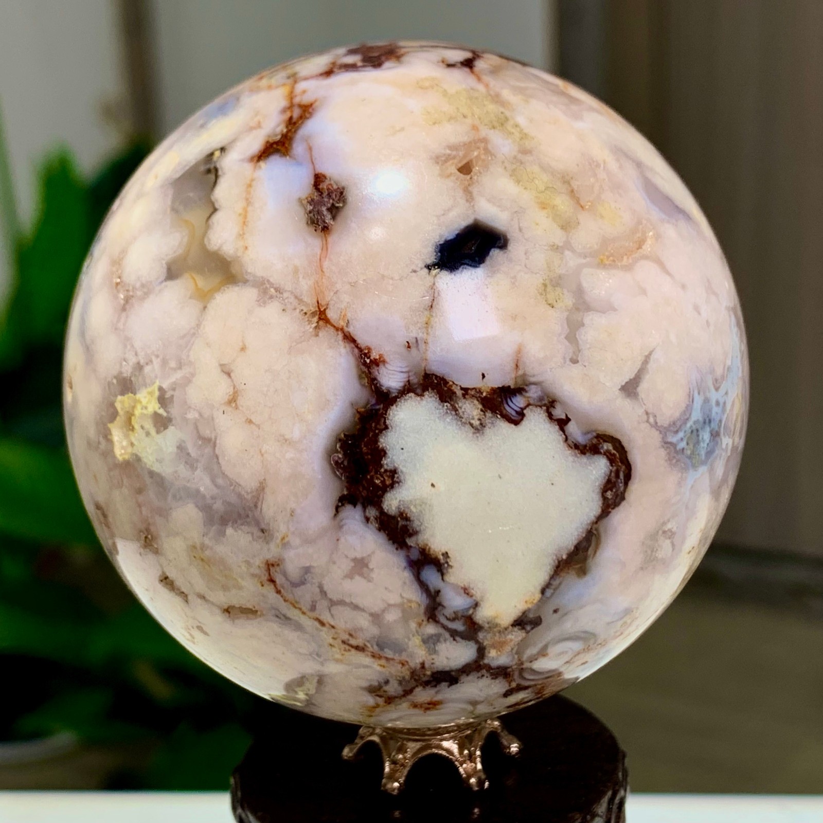 443G Natural Sakura Flower Agate QUARTZ Sphere Crystal Ball Reiki Healing