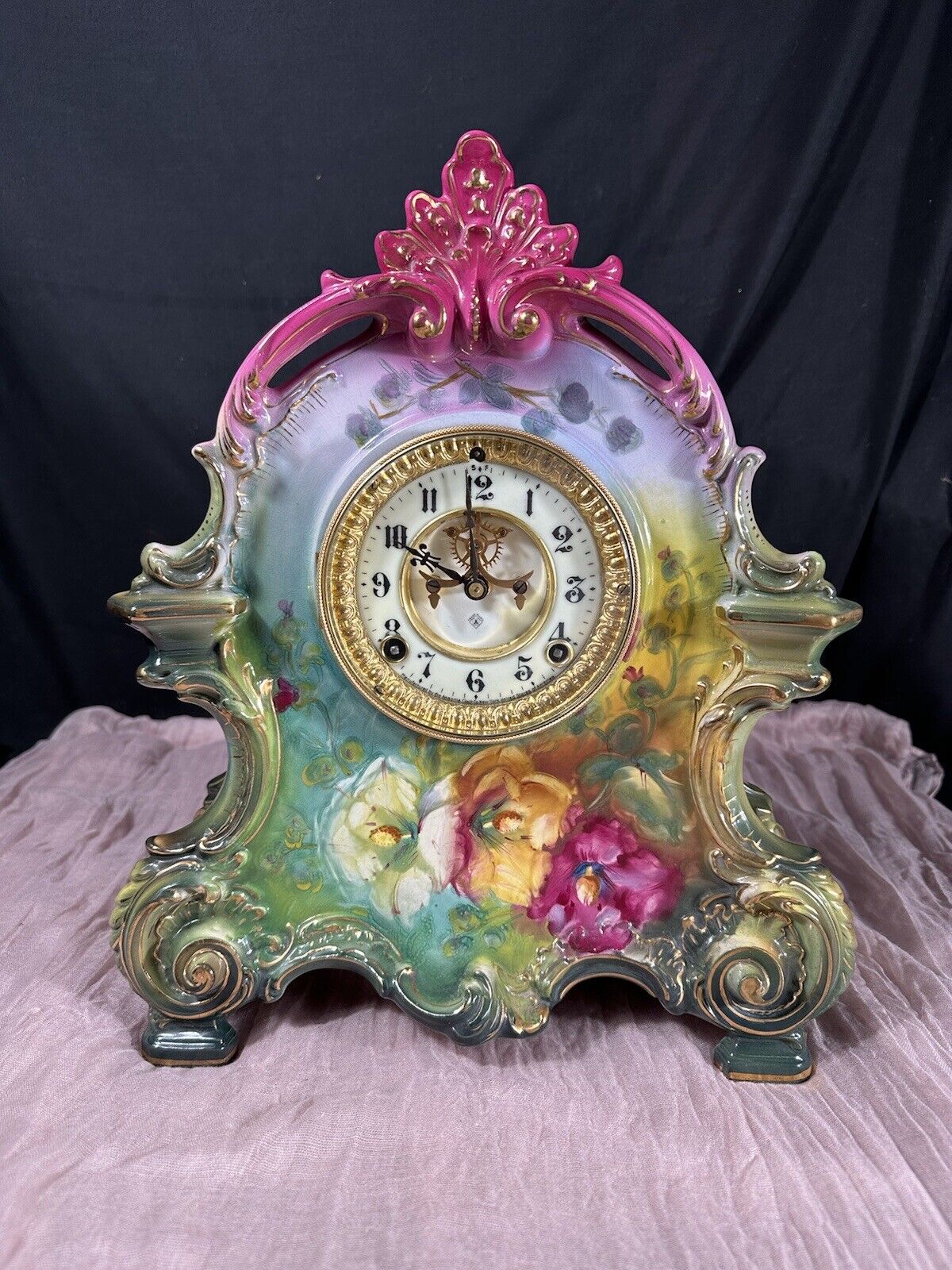 Antique 1895 Ansonia La Bertagne Porcelain Royal Bonn Mantle Clock Fully Restore