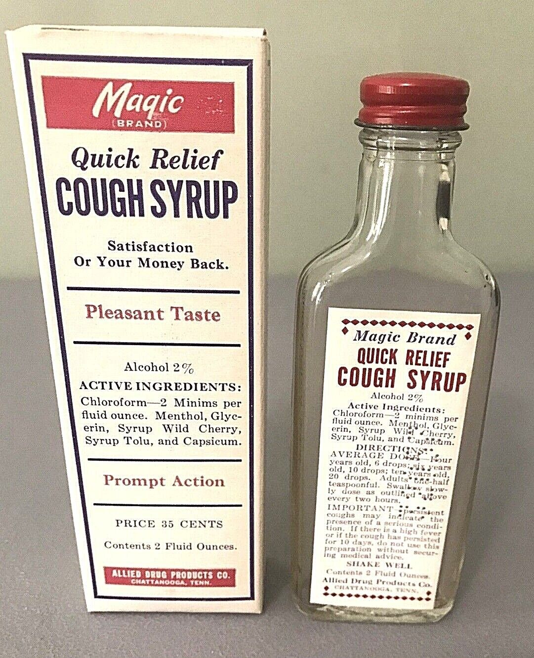 Vintage 1940's 1950's Magic Brand Quick Relief Cough Syrup EMPTY Bottle Box NOS 
