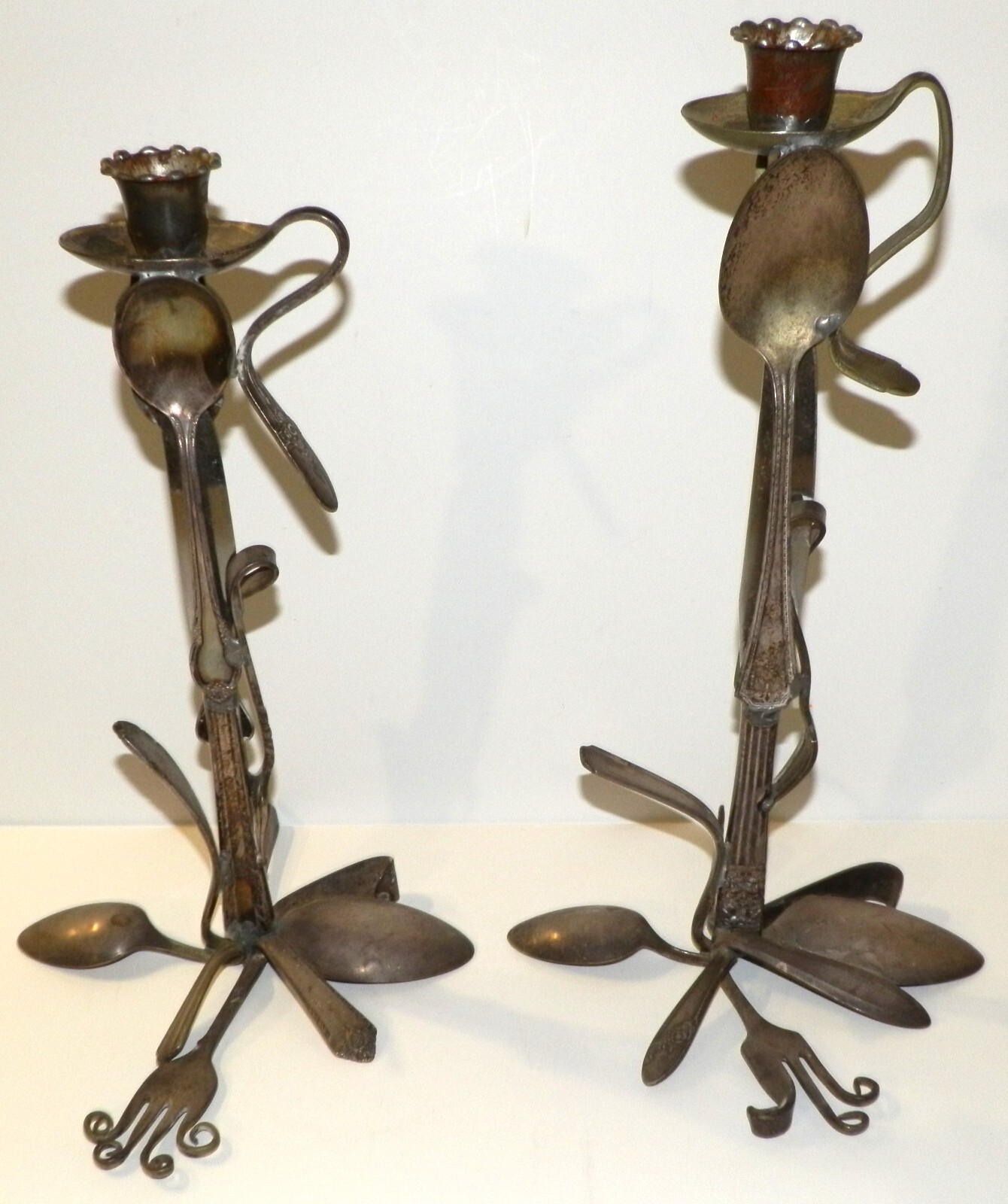 2 Candlestick Holders Soldered Cutlery Silverplated Flatware Handcrafted Art 2 Candlestick Holders Soldered Cutlery Silverplated Flatware Handcrafted Art