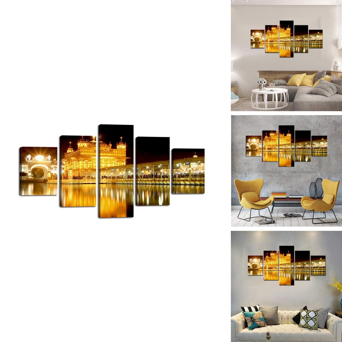 5 Piece Sikh Canvas Wall Art Golden Temple at Amritsar India Dawn Mirror View