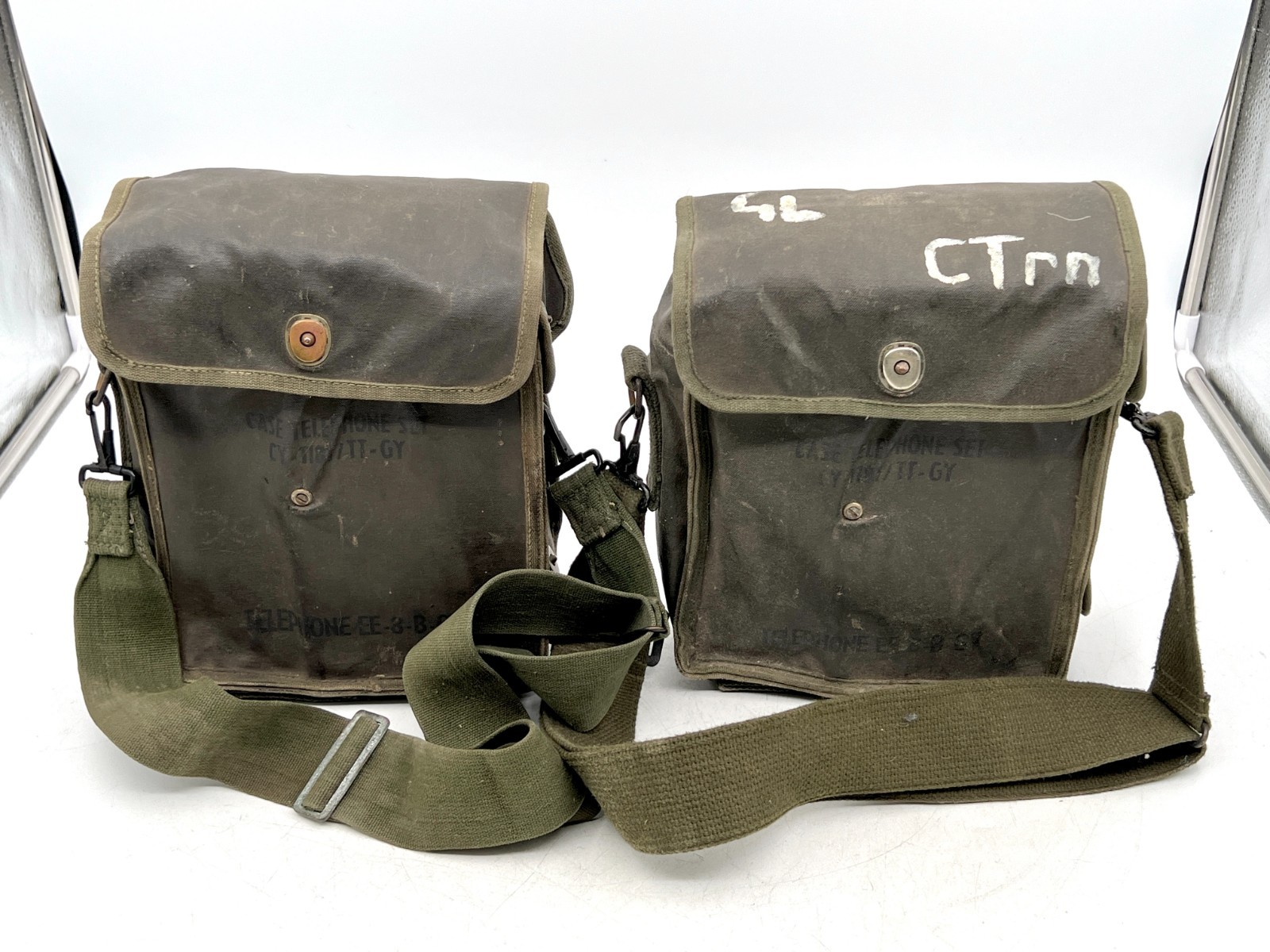 Pair of Vintage USGI EE-8-B-GY Field Telephones with Handsets & Canvas Cases