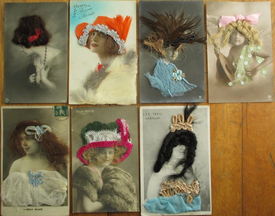 HAIR Applied to SEVEN (7) Realphoto French Fantasy Novelty Postcards, 1907-1920