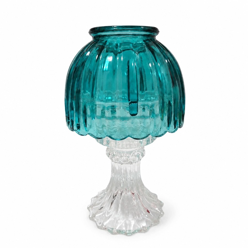 Vintage L.E. Smith Teal Blue & Clear Glass Fairy Lamp Umbrella Candle Holder 9
