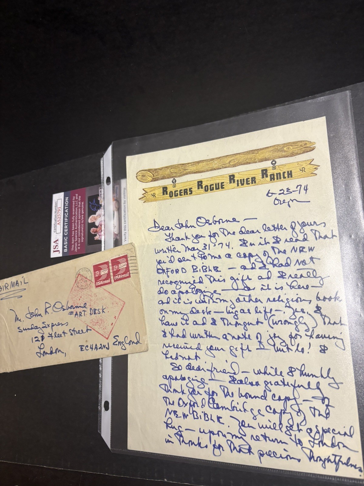 Ginger rogers handwritten letter to famous play writer John Osbourne JSA Ginger rogers handwritten letter to famous play writer John Osbourne JSA