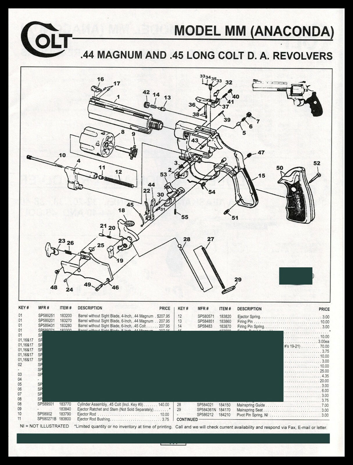 1999 COLT Anaconda MM .44 Magnum .45 DA Revolver Schematic Parts List AD