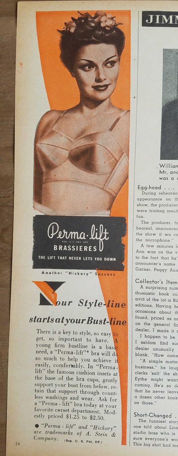 1946 women\'s Perma-lift Brassiere bra style line starts at bustline fashion ad