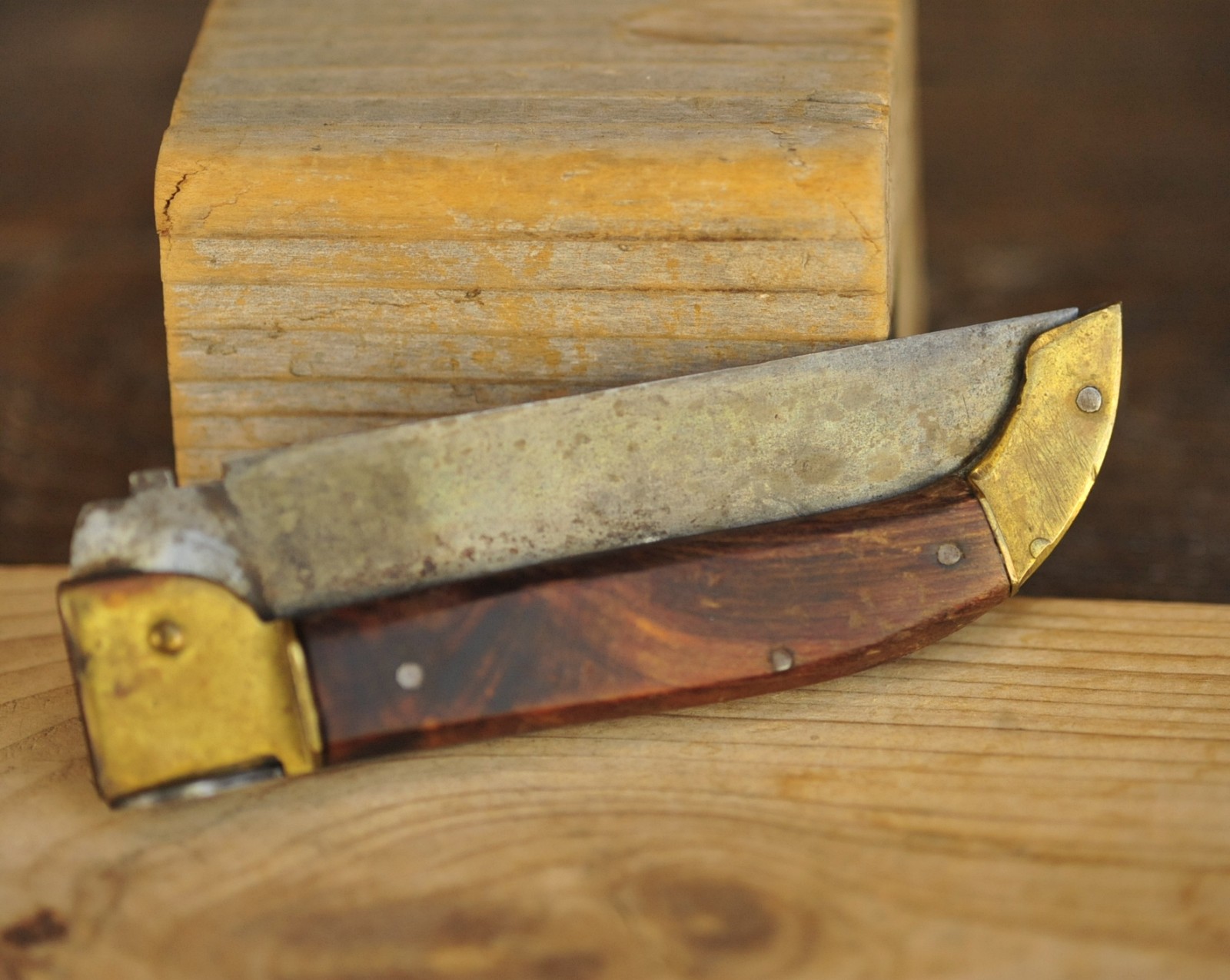 Vintage H.A. Mack Boston Italy Large Folding Pocket Knife Wood Brass