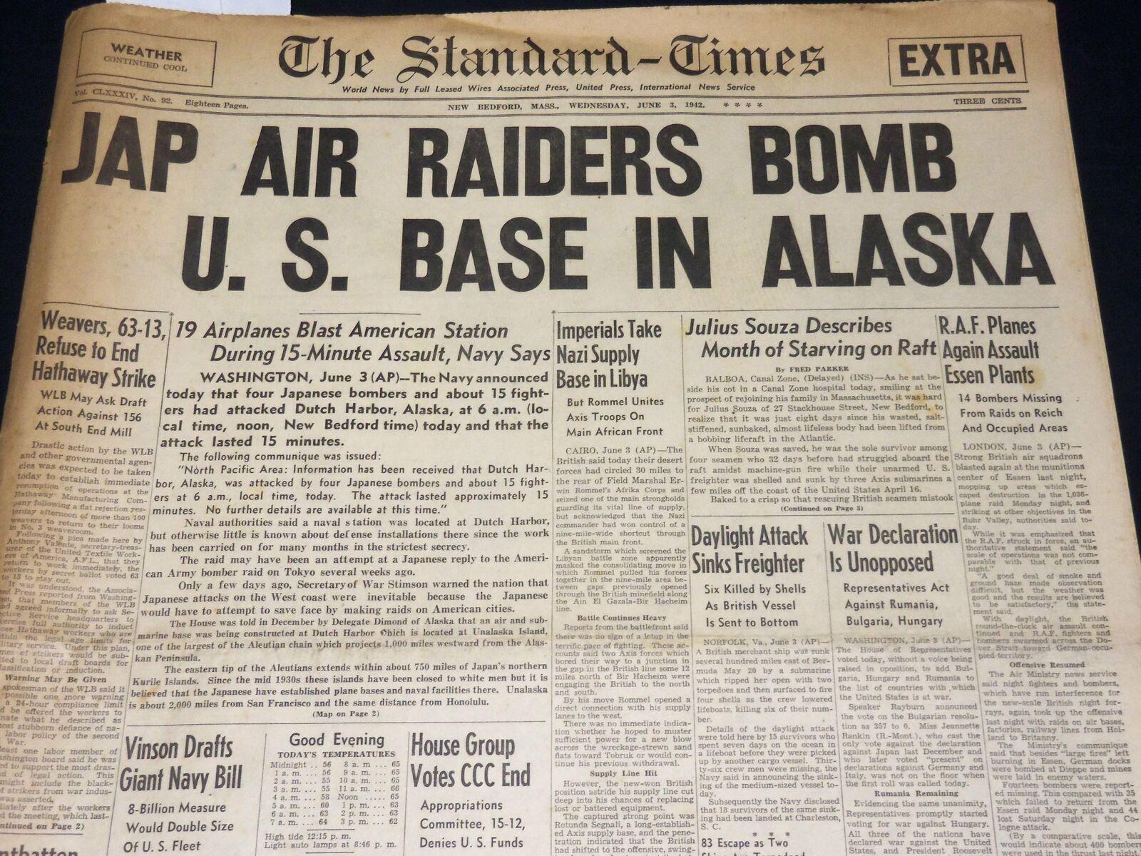 1942 JUNE 3 NEW BEDFORD STANDARD TIMES NEWSPAPER- JAPS BOMB ALASKA BASE- NT 8906