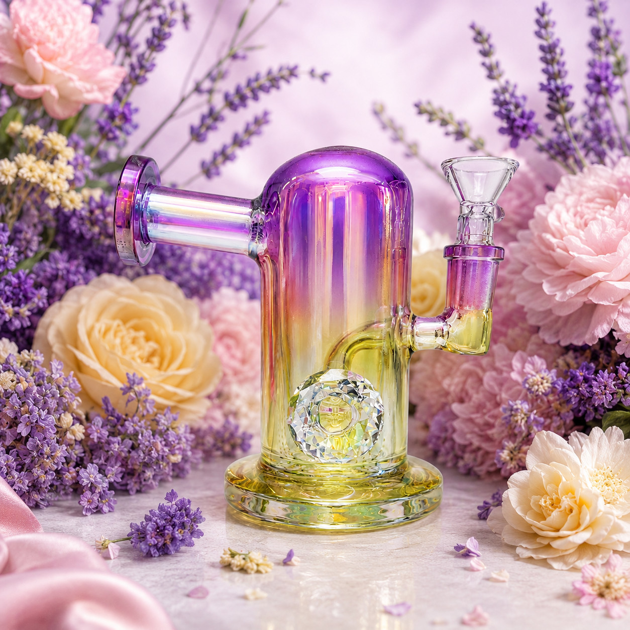 Princess Chrome Purple Yellow Glass Bong with Diamond Centerpiece – 7.5 Inch