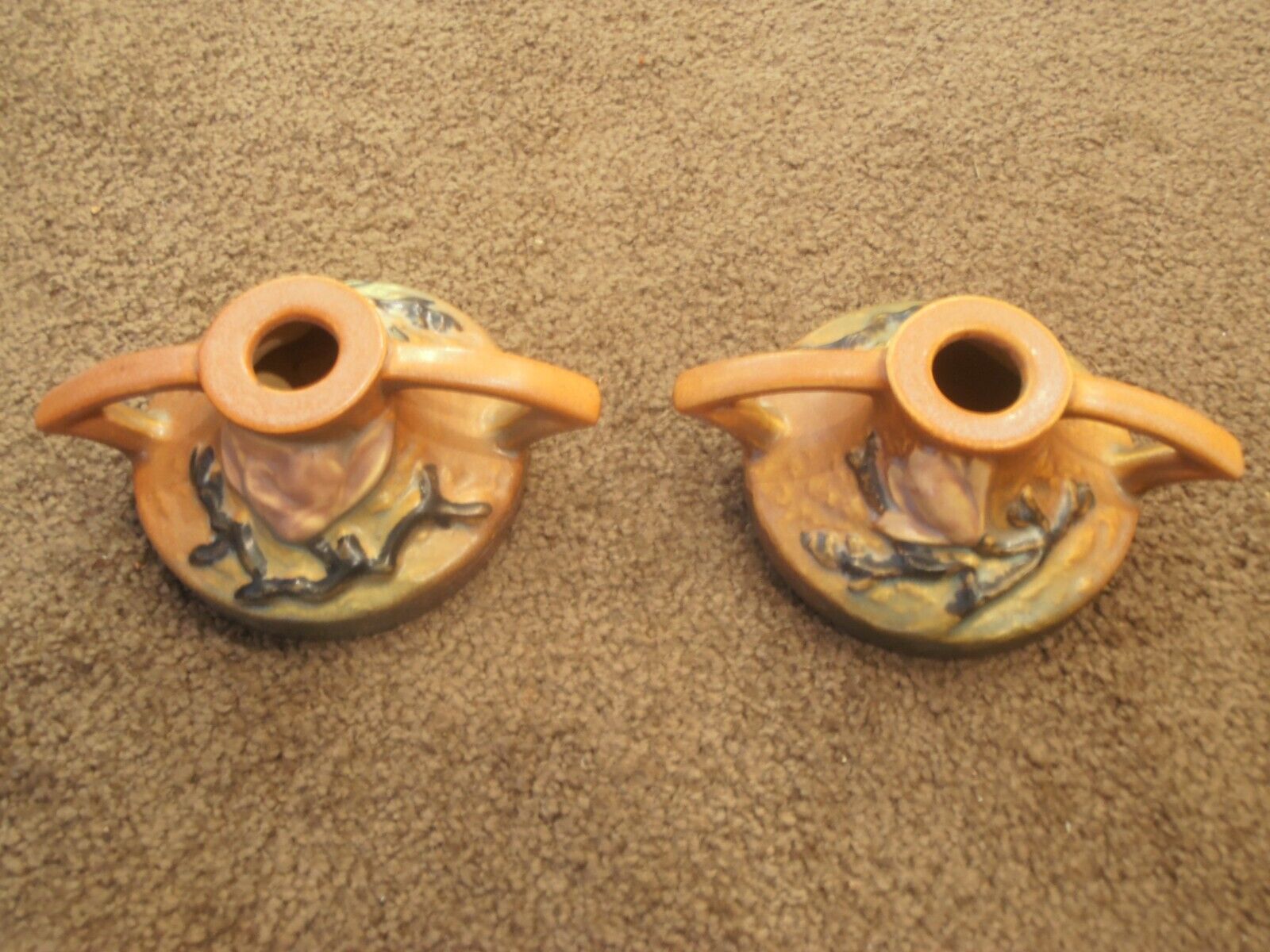 PAIR ROSEVILLE CANDLE HOLDERS  #1156 -2 1/2 MINT MAGNOLIA