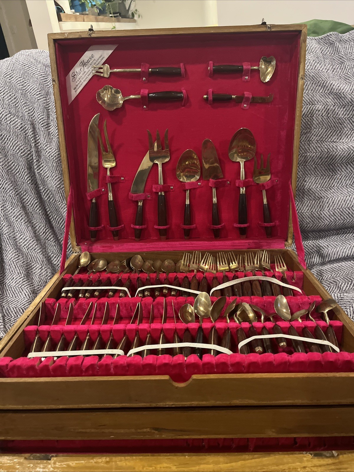Vintage MCM Bronze Thai Flatware Set, 144+ pcs w/ 3 Tier Teak Box
