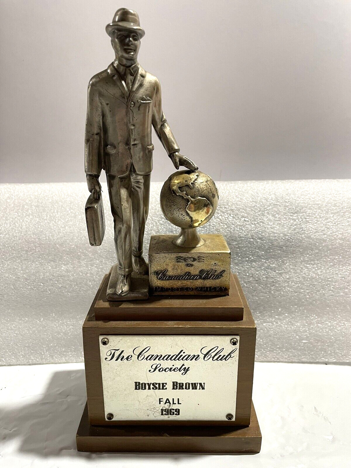 Vintage Canadian Club Society Award Trophy Topper STATUE 1969 Wood Base 9\
