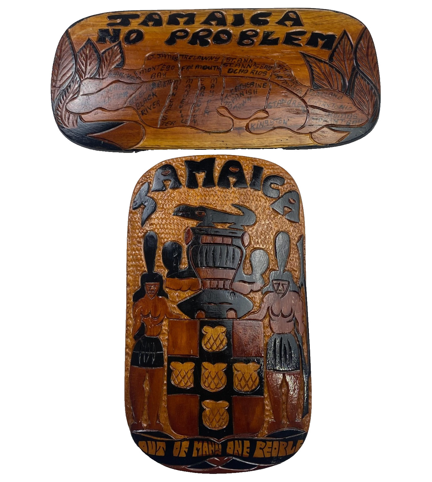 VTG Set of 2 Jamaican Hand Carved Wood Plaques No Problem Culture 16\