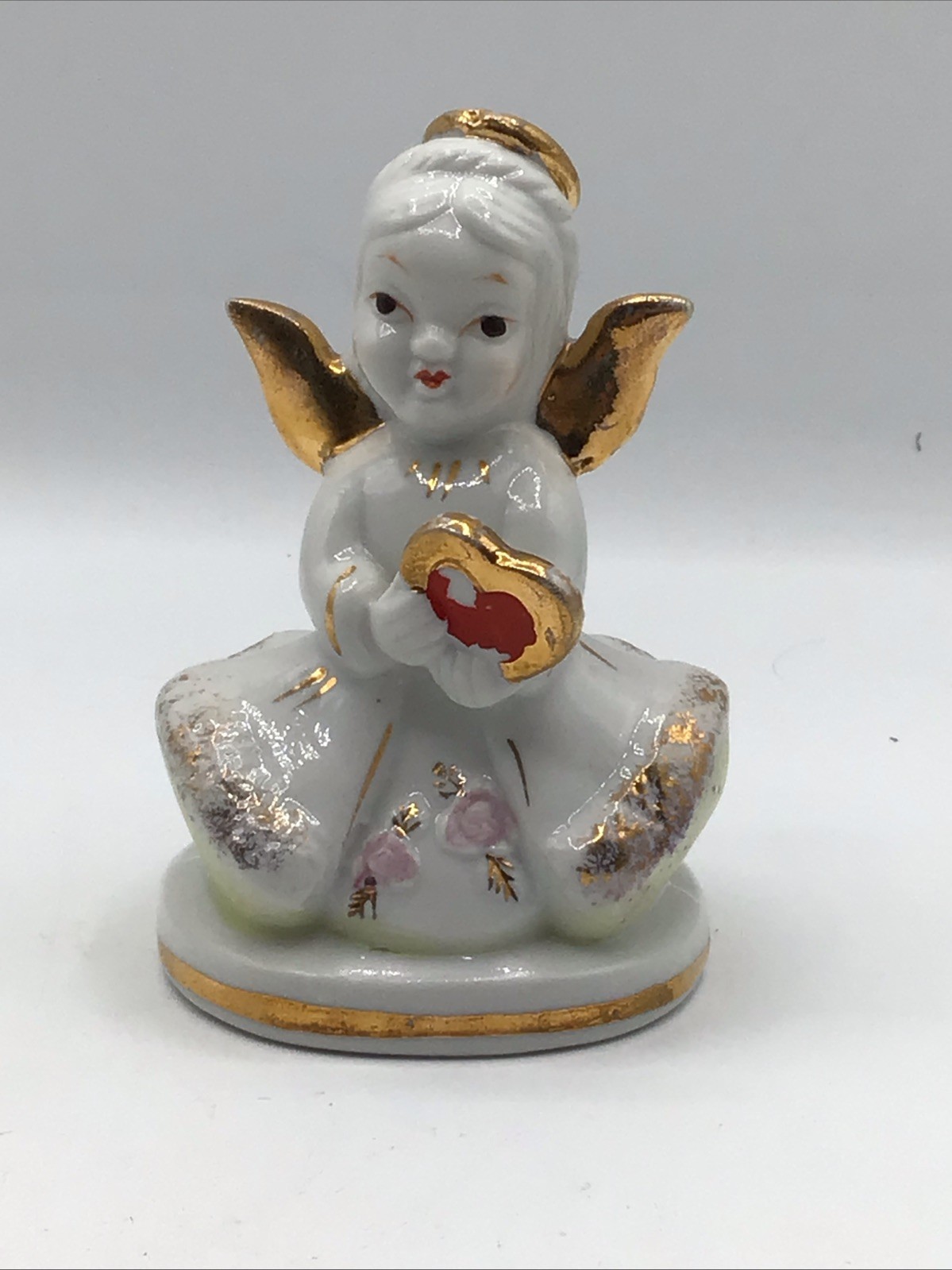 Porcelain Angel Red Heart Gold Trim Vintage MCM Japan