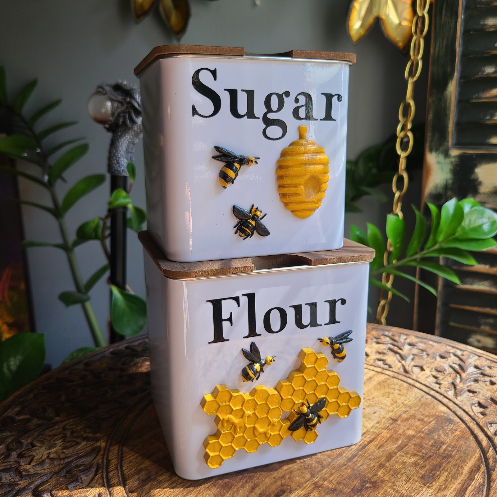 Honey Bee Flour & Sugar Kitchen Canisters Set Farmhouse Decor Handmade Metal