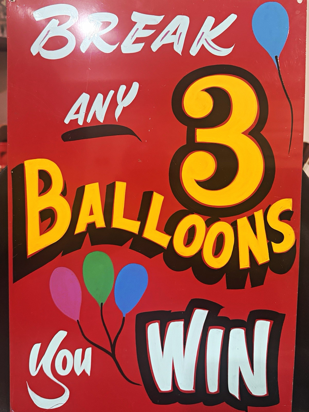 Vintage RARE Hand Painted Carnival Sign Break Any 3 Balloons You Win Metal 12x18