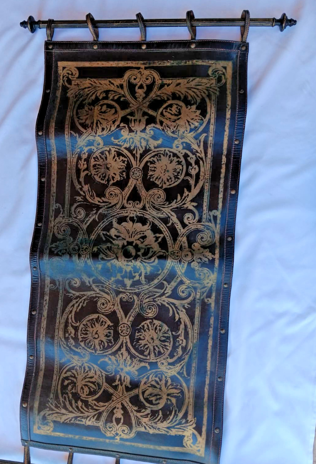 Vintage Old World Leather Wall Tapestry Scroll Hanging Gold Gilt Large