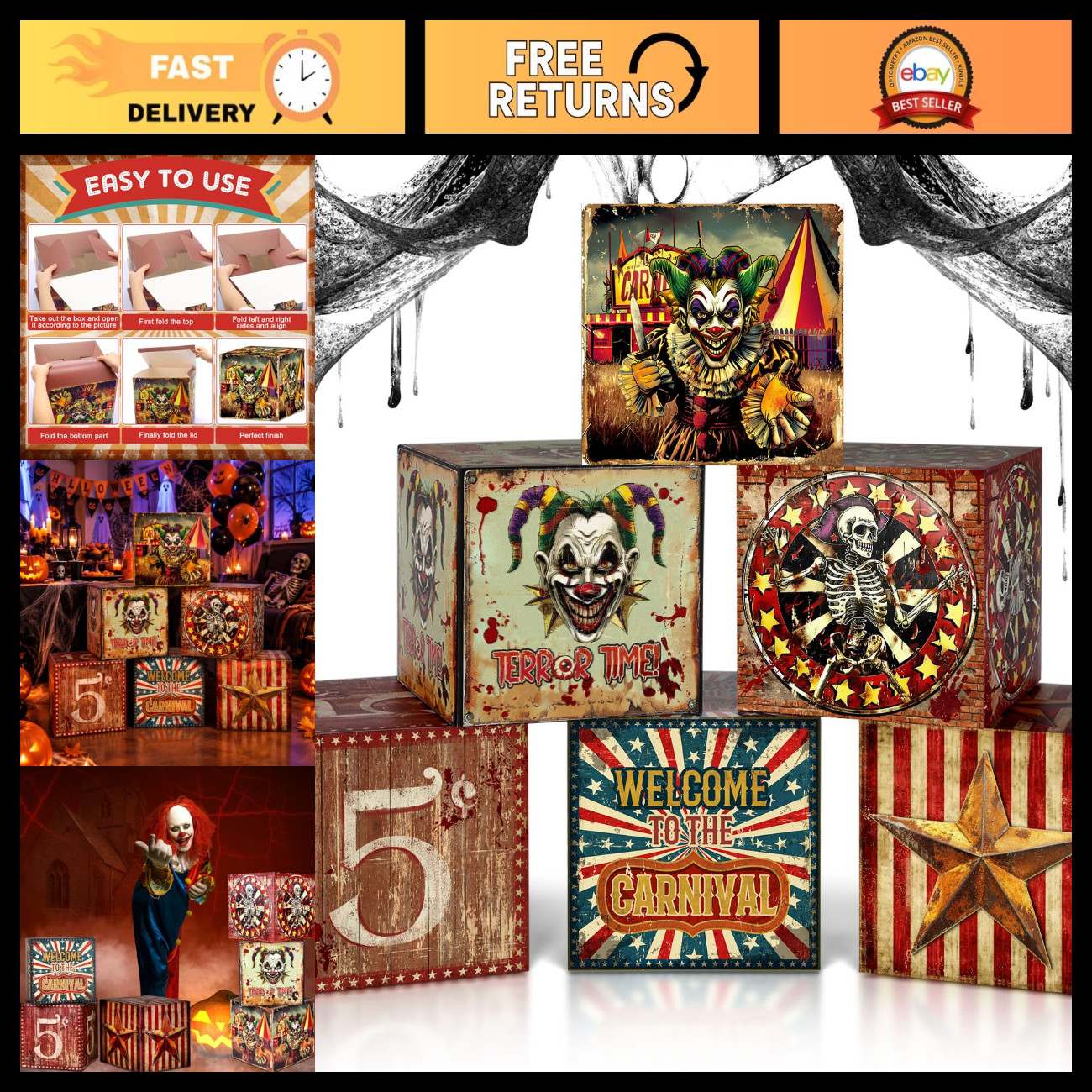 6 Pcs Large Halloween Circus Clown Boxes - Retro Carnival Decorations, Party Pro