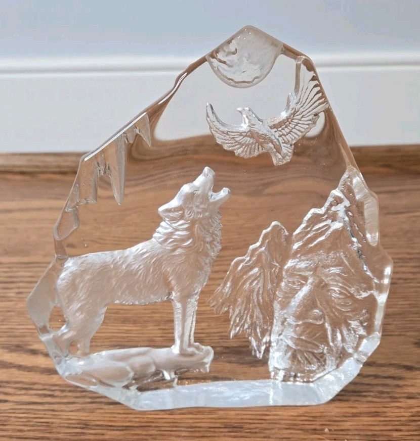 Etched Glass Paperweight Native American Howling Wolf Eagle Clear