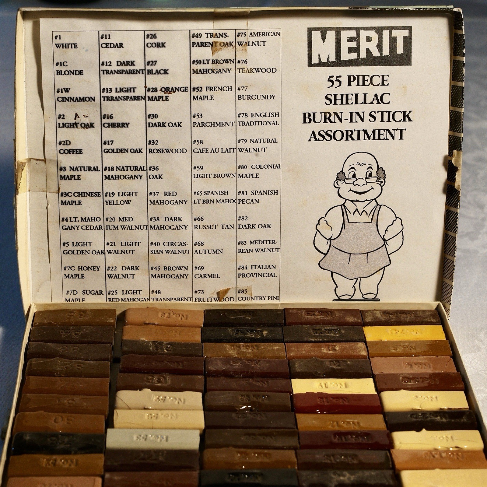 Vtg Merit Industries Burn-In Stick Lot 55 Pc Wood Repair Assortment With Chart 