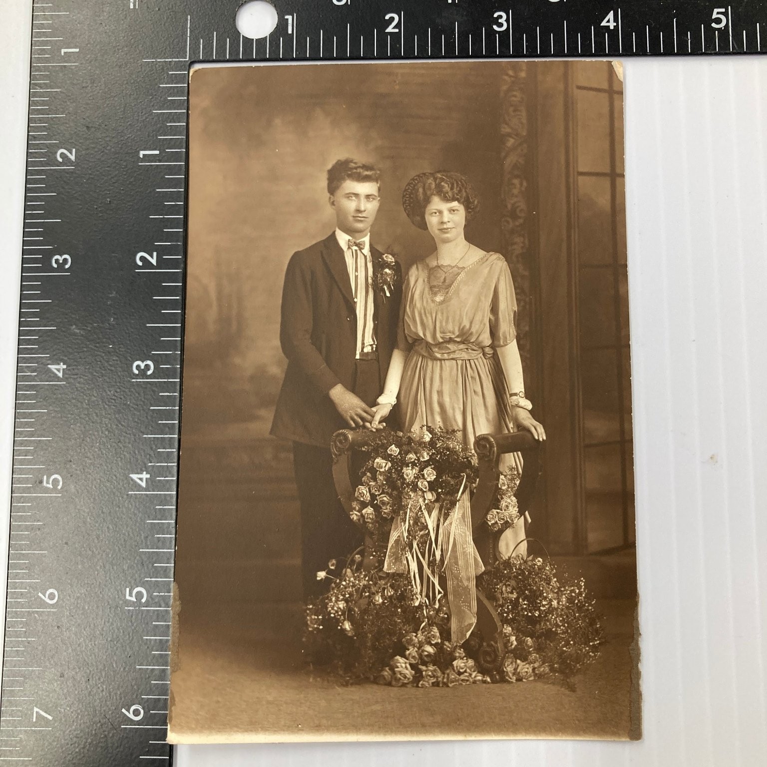 Vintage Photograph 1910s Couple Portrait Flowers Ribbons Studio Photo
