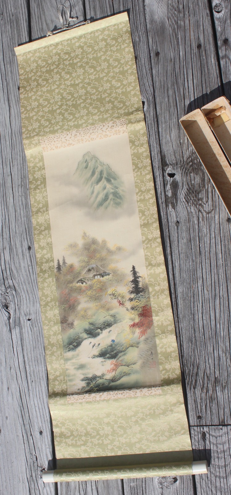 Vintage Japanese Scroll Wall Hanging Mountain Valley Scene 1950\'s