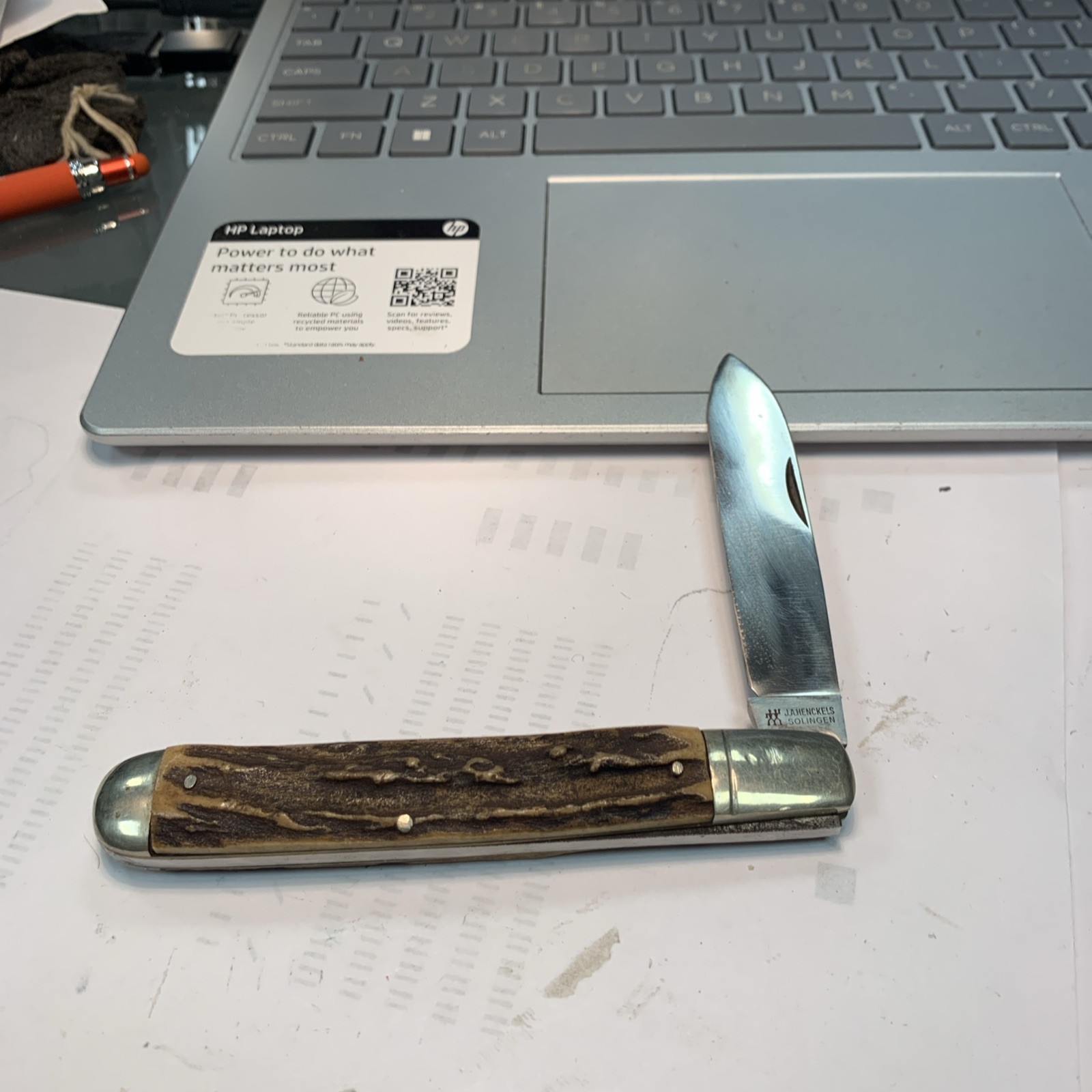 J A Henckels Vintage Med/ LG 1 Blade Stag Handle Pocket Knife Solingen Nice